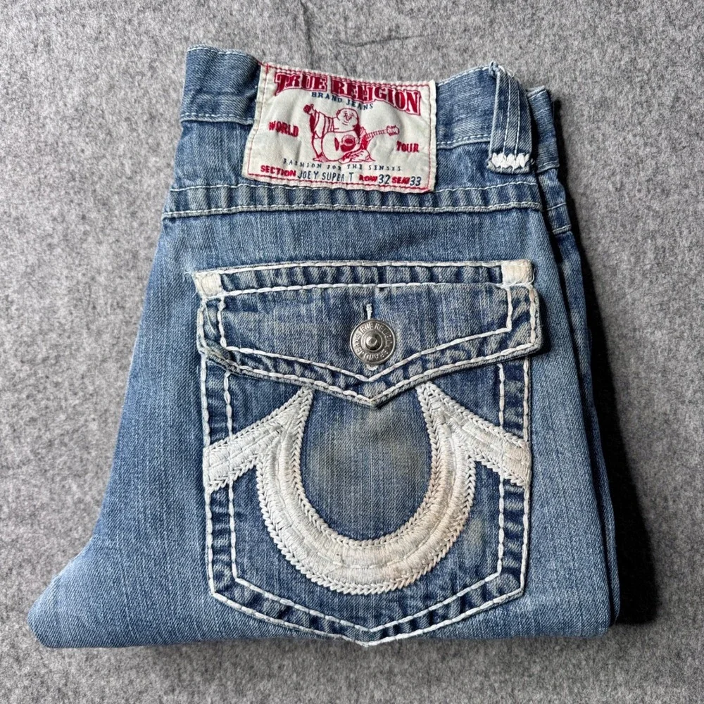 True Religion Joey Super T Mens 32 Blue Wash Straight Leg Jeans USA Made FLAW